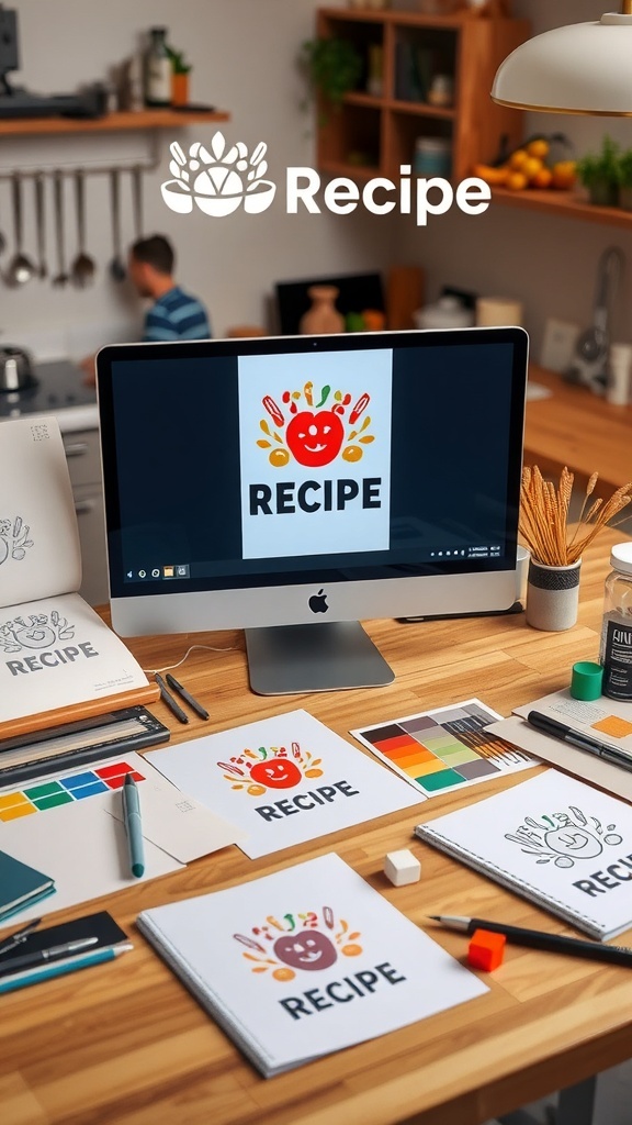Logo Design for Recipe Branding A workspace with a computer showing a logo design for a recipe brand, surrounded by sketches and design tools.